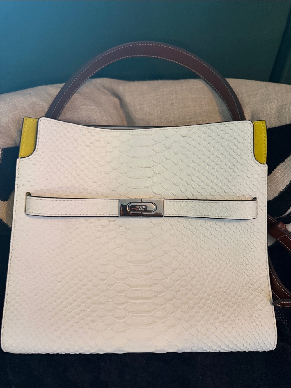 Small Tory Burch Lee Radziwill white Python-Embossed Top-Handle Bag.